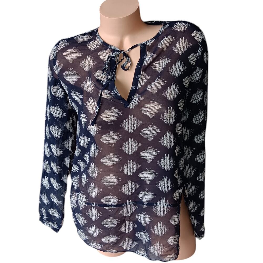 Ann Taylor extra small sheer Long sleeve navy blue blouse front tie split neck